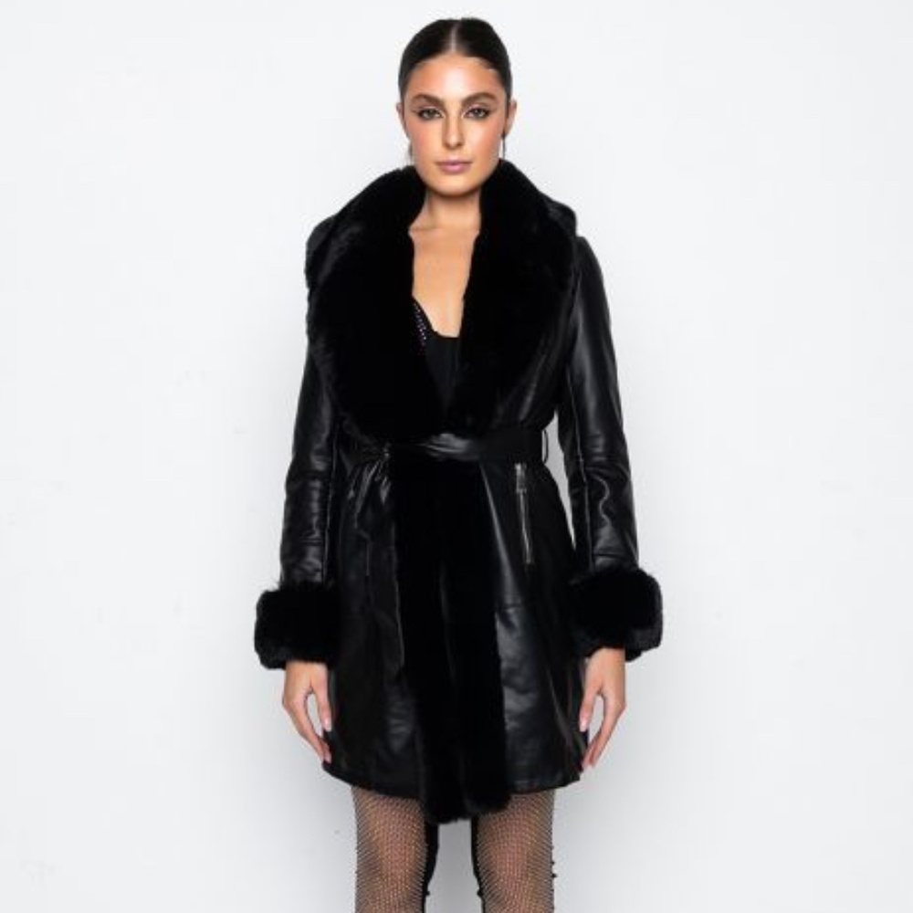 AZALEA WANG GRAM GIRL PU VEGAN LEATHER AND FAUX FUR TRIM WRAP COAT - Picture 1 of 7